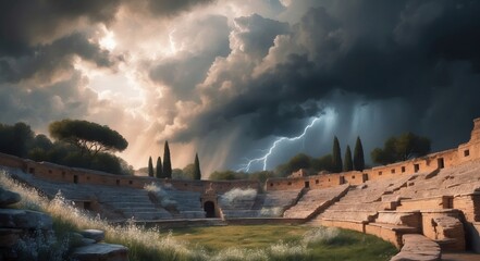 Poster - A lightning strike illuminates the sky over a stone amphitheater