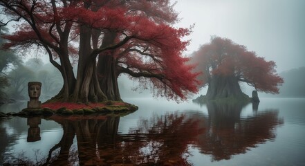 Poster - Stone head on island, red tree reflected in calm lake