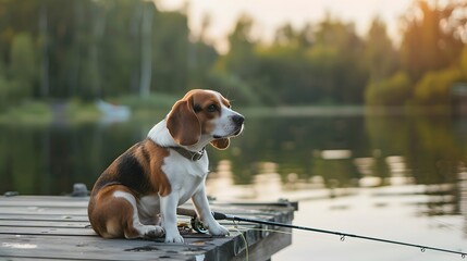 Wall Mural - Cute Beagle dog with fishing rod on lakeside pier dock background. Fishing angler lifestyle concept