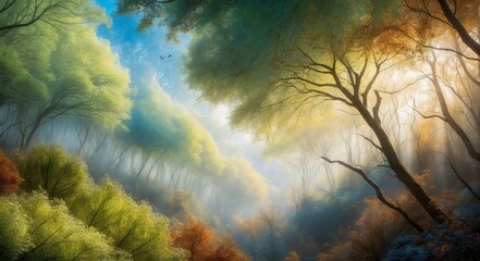 Canvas Print - Sunlight filters through a dense forest, illuminating the fog and casting long shadows on the trees