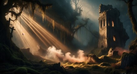 Poster - Sunlight beams through the trees illuminating ancient ruins in a foggy, mossy forest