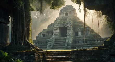 Poster - Mayan temple in jungle with stone steps, open doorway, sunlight