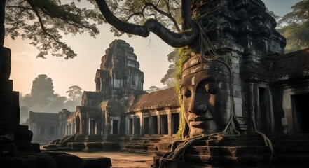 Canvas Print - Stone face of a deity emerging from tree roots at Angkor Wat temple in Cambodia