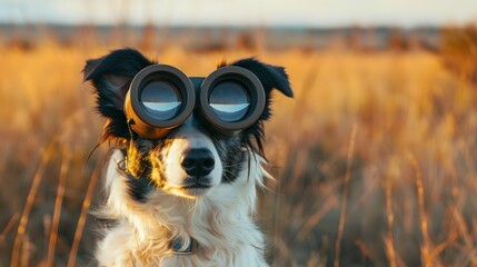 Wall Mural - Cute Border Collie dog with binoculars on wildlife safari African savanna background. Safari adventure explorer lifestyle concept