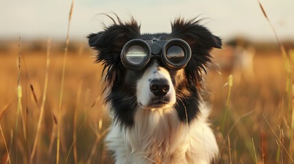 Cute Border Collie dog with binoculars on wildlife safari African savanna background. Safari adventure explorer lifestyle concept