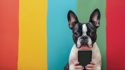 Cute Boston Terrier dog with smartphone on social media app chat background. Digital online lifestyle concept