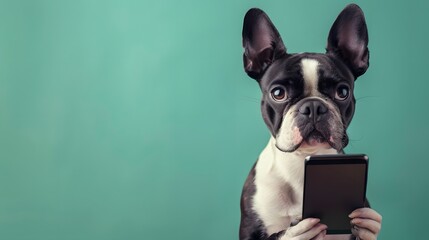 Cute Boston Terrier dog with smartphone on social media app chat background. Digital online lifestyle concept