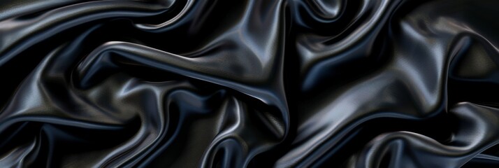 Black drapery silk fabric background. Wavy satin cloth texture pattern. Smooth shiny drape material