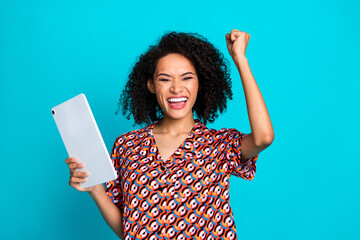 Wall Mural - Portrait of ecstatic nice girl wear print shirt hold tablet win lottery raising fist up scream yeah isolated on blue color background