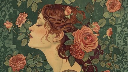 A goddess with roses in a garden vintage art nouveau poster