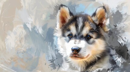 Poster - Alaskan Malamute Puppy Portrait on Gray Background