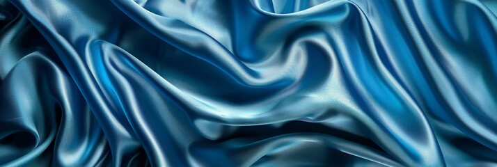 Blue drapery silk fabric background. Wavy satin cloth texture pattern. Smooth shiny drape material