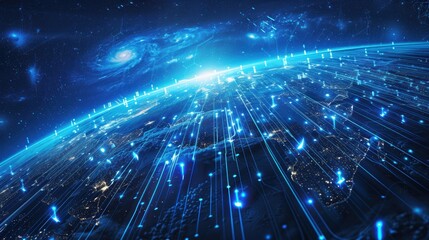 Wall Mural - Global network of bright blue lines connecting earth to the stars