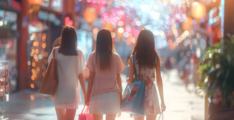 Wall Mural - Three women walking down a street, one of them holding a pink bag