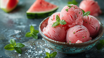 Poster - Close up studio photo of watermelon ice cream scoops in a ceramic bowl on an old blue table with a Sicilian rustic background and copy space.