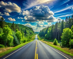 Wall Mural - highway road in the countryside, roadside and asphalt, green forest and blue sky on a sunny day