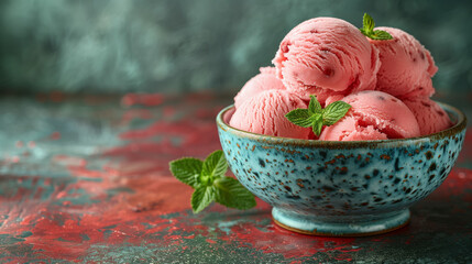 Poster - Close up studio photo of watermelon ice cream scoops in a ceramic bowl on an old red and blue table with a Sicilian rustic background and copy space.