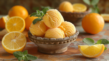 Wall Mural - Close up studio photo of orange ice cream scoops in a ceramic bowl on an old orange table with a Sicilian rustic background and copy space.