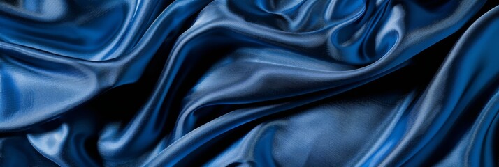 Blue drapery silk fabric background. Wavy satin cloth texture pattern. Smooth shiny drape material