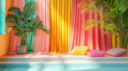 Poster - Tropical Paradise: Colorful Curtains and Palm Plants