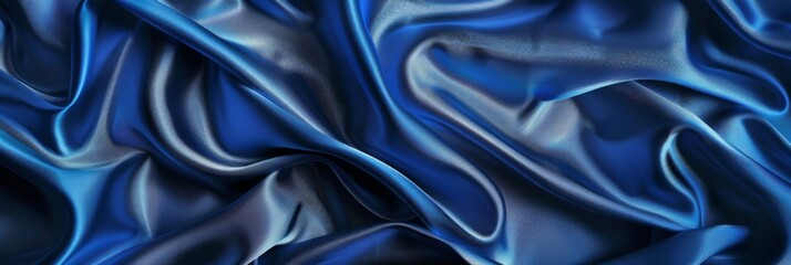 Blue drapery silk fabric background. Wavy satin cloth texture pattern. Smooth shiny drape material