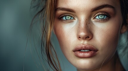 Close-up portrait of a beautiful woman with blue eyes