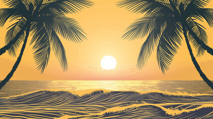 Wall Mural - A beautiful sunset over the ocean with palm trees in the background