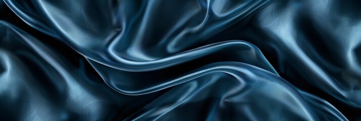 Blue drapery silk fabric background. Wavy satin cloth texture pattern. Smooth shiny drape material