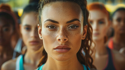 Runner prepares to start a competition. Looking straight into the camera