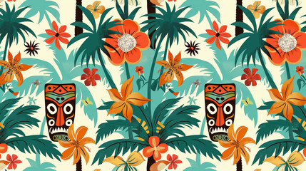 Poster - A tropical scene with a tiki mask and flowers