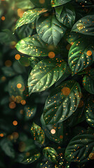 Wall Mural - Vertical background with green leaves, highlights and golden bokeh. Generated by artificial intelligence