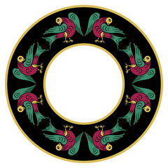 Wall Mural - Round animal frame with stylized birds. Circular ethnic border. Old Russian folk style.