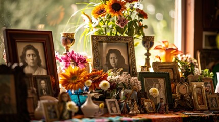 Ornate windowsill altar with family portraits and flowers