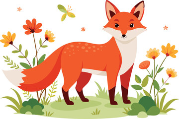 Sticker - Illustration of a cute fox standing in a colorful floral meadow