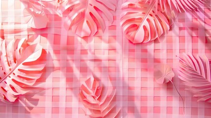 Wall Mural - Pink checkered background with water texture and handcut paper tropical leaves in noon sunlight