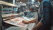 © Luiri Art - Male designer working at a printing press in an industrial setting, inspecting colorful prints coming out of the machine, wearing a blue plaid shirt, focused on quality control
