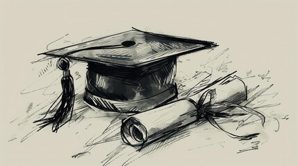 Wall Mural - graduation cap with tassel and rolled diploma handdrawn sketch illustration