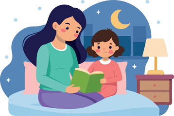 Mother reading bedtime story to daughter while sitting on bed during nighttime