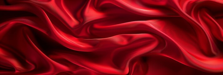 Red drapery silk fabric background. Wavy satin cloth texture pattern. Smooth shiny drape material