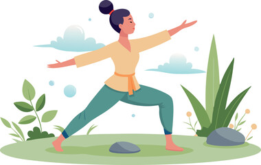 Wall Mural - Woman practicing yoga outdoors in a serene garden setting with nature background