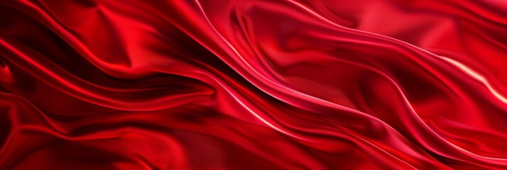 Red drapery silk fabric background. Wavy satin cloth texture pattern. Smooth shiny drape material