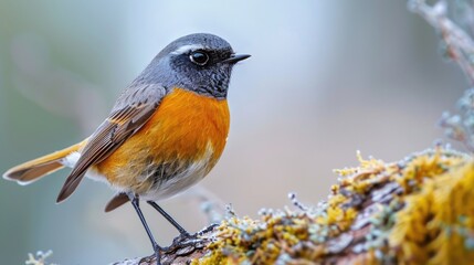 Wall Mural - A small bird sitting on the branch of a tree, surrounded by leaves and maybe some fruit