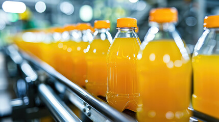 Poster - Orange Juice Bottles on Conveyor Belt in Factory