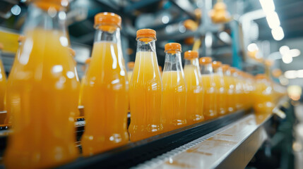 Poster - Orange Juice Bottles on Conveyor Belt in Factory