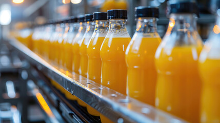 Poster - Orange Juice Bottles on Conveyor Belt in Factory