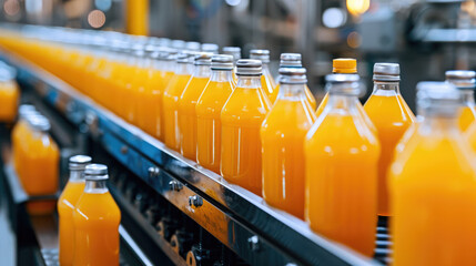 Poster - Orange Juice Bottles on Conveyor Belt in Factory