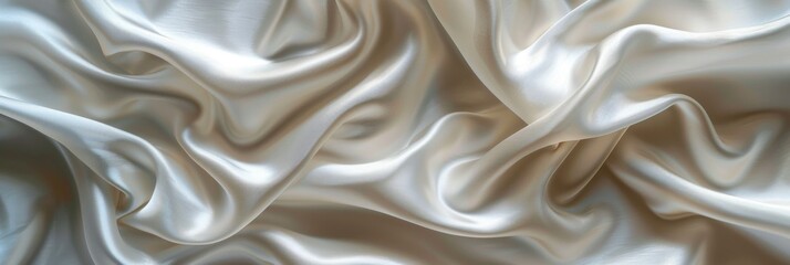 White drapery silk fabric background. Wavy satin cloth texture pattern. Smooth shiny drape material