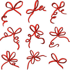 Poster - red bow ribbon set cartoon. present holiday, christmas card, satin birthday red bow ribbon sign. isolated symbol vector illustration