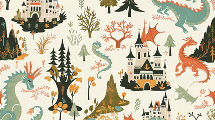 A colorful and whimsical illustration of a forest with a castle and a dragon