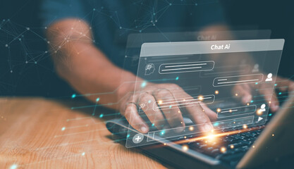 Poster - Businessman using laptop computer chatting online with intelligent artificial or chatbot. Chat with AI or Artificial Intelligence technology, Futuristic technology, Online automation chatbot.